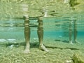 A manÃ¢â¬â¢s legs underwater,